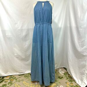 NEW YORK & CO NWT Blue Chambray Denim Halter Maxi Dress Pockets Womens L Prairie